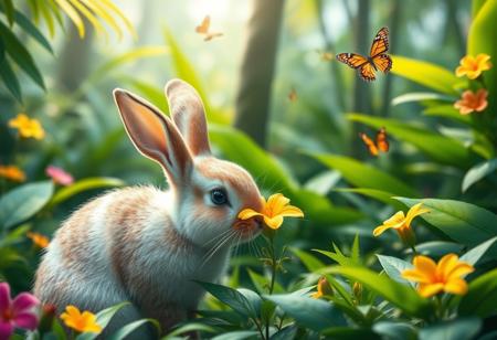 Realistic style. A cute bunny smelling a flower in a lush forest. Butterflies are in the air. There is tropical vegetation. The scene is vibrant and idyllic. Masterpiece,best quality,hi res,8k,hi res,8k,award winning,(sharp focus, intricate, highly detailed)