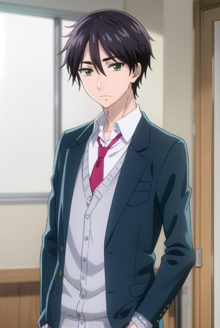 kaitamaru, <lora:kai tamaru s1-lora-nochekaiser:1>,
kai tamaru, short hair, black hair, male focus, mole, (green eyes:1.3), mole under mouth, hair between eyes,
BREAK shirt, long sleeves, school uniform, jacket, white shirt, open clothes, necktie, pants, open jacket, blazer, cardigan, red necktie, sweater vest, brown pants,
BREAK indoors, classroom,
BREAK looking at viewer, (cowboy shot:1.5),
BREAK <lyco:GoodHands-beta2:1>, (masterpiece:1.2), best quality, high resolution, unity 8k wallpaper, (illustration:0.8), (beautiful detailed eyes:1.6), extremely detailed face, perfect lighting, extremely detailed CG, (perfect hands, perfect anatomy),