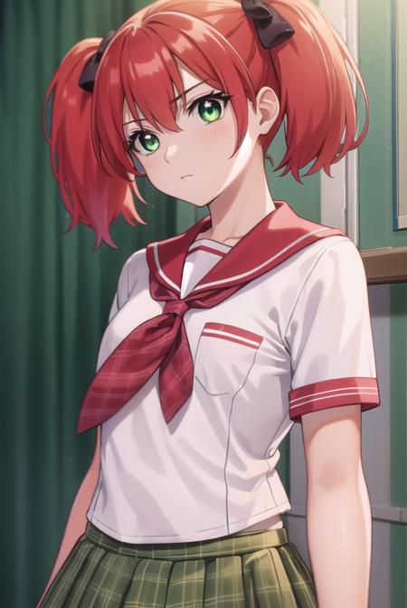 kokoashuzen, <lora:kokoa shuzen s2-lora-nochekaiser:1>,
kokoa shuzen, twintails, (green eyes:1.5), red hair, hair bow, short hair,
BREAK skirt, thighhighs, school uniform, black thighhighs, plaid, serafuku, red shirt, short sleeves, 
BREAK indoors, classroom,
BREAK looking at viewer, (cowboy shot:1.5),
BREAK <lyco:GoodHands-beta2:1>, (masterpiece:1.2), best quality, high resolution, unity 8k wallpaper, (illustration:0.8), (beautiful detailed eyes:1.6), extremely detailed face, perfect lighting, extremely detailed CG, (perfect hands, perfect anatomy),