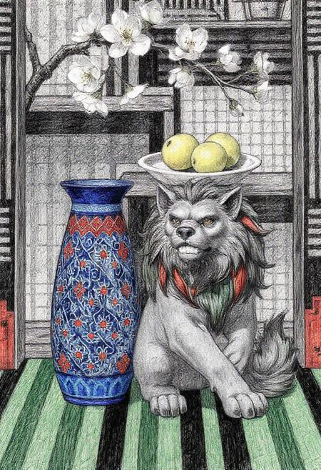 Pencil drawing, Generate a digital painting of a still life scene inspired by Korean folk art. The central focus should be a tall vase with a complex geometric pattern in blue and red, resting on a surface with green and black stripes. Next to the vase, show a seated mythical dog or lion-like creature with a grey coat, a colorful mane (red, green, and possibly other colors), and a fierce expression. Above and slightly behind the vase, present a shallow, round dish filled with three textured, pale yellow or white citrus fruits. A branch of a flowering tree, bearing light-colored blossoms, should enter the frame from the upper left. The background should consist of stylized shelves or architectural details with various patterns, including stripes, grids, and meanders, in a palette of blues, reds, greens, and black. The overall style should evoke the decorative and symbolic nature of Chaekgeori paintings.