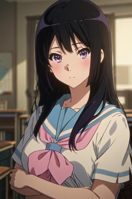 best quality, masterpiece, highres, solo, {kousaka_reina_soundeuphonium:1.15}, black_hair, long_hair, purple_eyes, blush, bangs, closed_mouth, serafuku, blurry, 1girl, portrait, close-up, looking_at_viewer, anime_coloring, blurry_background