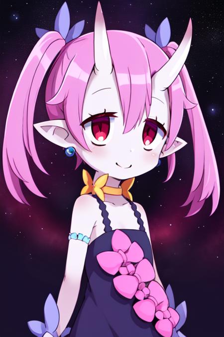 bieko,pink hair, oni horns,pointy ears ,colored skin ,red eyes ,twin tails, upper body, 
BieDress, purple sleeveless dress with flowers, jewelry,bare shoulders, 
hair ornament, wrist cuffs, sandals, 
standing,smiling,
outer space, stars, 
(insanely detailed, beautiful detailed face, masterpiece, best quality)    <lora:bieko:0.7>,