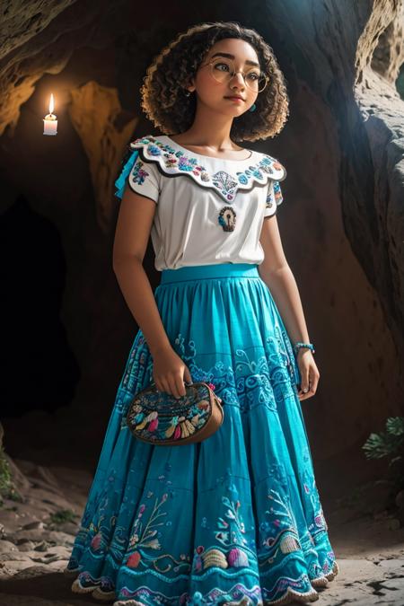 (masterpiece, best quality:1.2), (depth of field:1.1), MirabelST, 1girl, dancing, medium hair, curly hair, full body, shoes, embroidered bag, white blouse, ((teal skirt)), brown eyes, embroidery, sitting, mystical cave, candles, masterpiece, highness, perfect face, perfect picture, detailed eyes , sharp focus, 