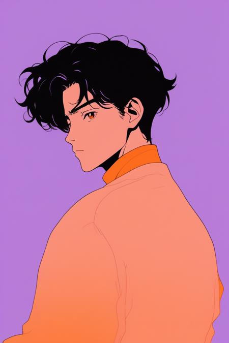 minimalism style,flat ,ghibli ,(1boy ),portrait,lip, cuff links,lavender, fluorescent orange gradient background, Black hair,French crop hair, Margaret Mee,Wanderlust , (masterpiece,best quality,niji style)