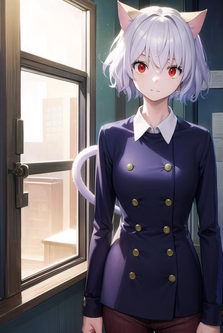 neferpitou, <lyco:neferpitou-lyco-nochekaiser:1>,
neferpitou, short hair, (red eyes:1.5), animal ears, hair between eyes, tail, white hair, cat ears, cat tail, cat girl, curly hair, <lora:catmouth_v100:1>, :3,
BREAK long sleeves, shorts, striped, buttons, brown shorts, shirt, collared shirt, blue shirt,
BREAK looking at viewer,
BREAK indoors, classroom, (cowboy shot:1.5),
BREAK <lyco:GoodHands-beta2:1>, (masterpiece:1.2), best quality, high resolution, unity 8k wallpaper, (illustration:0.8), (beautiful detailed eyes:1.6), extremely detailed face, perfect lighting, extremely detailed CG, (perfect hands, perfect anatomy),