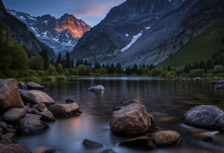 photograph of  mountains ,  calm , at  evening , grand composition, masterpiece, national geographic, nature, 8k, highly detailed, nikon, dslr, hdr, 100-400mm lens, composition, best composition, classic, Landskaper
