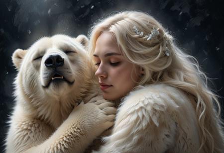 Impressionist painting, closeup of a young woman with white long hair hugging her huge fluffy white ice bear, closed eyes, contrast between love and distance, aesthetic bokeh dark gray background. Loose brushwork, play of light and shadow,  masterpiece, award winning,