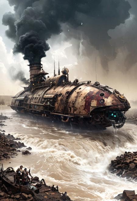 high-contrast palette, highly detailed, cinematic, modern art, high-contrast palette, timeless feeling, cinematic quality || The Great Flood, strange machines, ancient civilization || steampunk, dieselpunk, science fiction, scenery