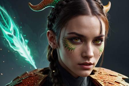 comic This stunning young woman, human dragon hybrid, extreme close-up, covered in green multicolored matte scales as skin, striking orange yellow reptilian eyes, dragon horns. Despite being bald except a braided auburn pony tail, she exudes confidence and strength, her expression conveying a sense of power and determination. dvrscls,style of Don Lawrence, style of (Will Murai:1.2), style of (Greg Rutkowski:0.8), <lora:dvrscls:0.5>, . graphic illustration, comic art, graphic novel art, vibrant, highly detailed,