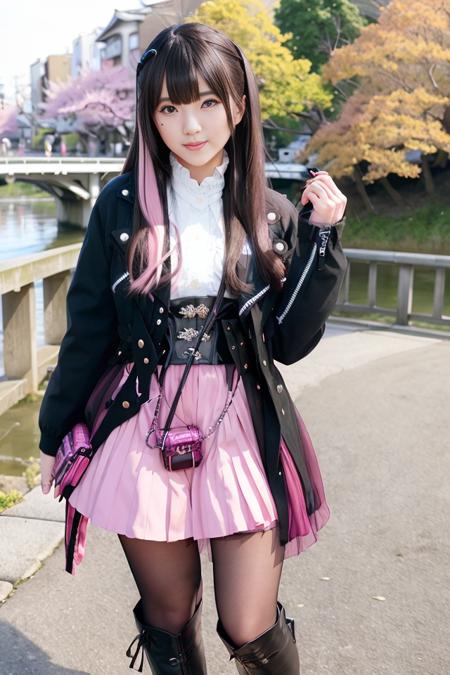 1girl, jacket, shock pink skirt, (black tights), (black pantyhose), (short boots),  lips, lipstick, realistic,  solo, standing, best quality, photorealistic, masterpiece, 8k, high res, solo, (((woman))), (medium breast), ((looking at the viewer)), (looking at the camera), (long hair), (professional lighting, bokeh),top angle view, extremely detailed face, fashionable and trendy atmosphere, japan, street, park, river, bridge,  sakura, sakura blossom, ((daytime)), (portrait:0.6), seductive smile, gorgeous, floating hair, (light particles, lens flare, glowing particles:0.6), (dynamic pose:1.2), soft lighting, brown hair, full body, narrow face, smile,  mask, japanese, gothic, heterochromia eye, purple left eye, blue right eye, beroba, uniform, black hair with highlight, nail_polish, pink_nails,  <lora:Beroba:0.8>