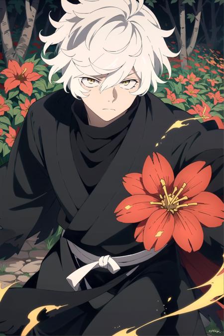 (masterpiece:1.2, best quality), Gabimaru, 1boy, male focus, solo, white hair, yellow eyes, looking at viewer, torn clothes, black robe, black shirt, white belt, closed mounth, jungle, blossoms, (flowers:1.2), red flowers, standing, cinematic lighting, detailed background, complex structures, hyperdetailed sharp face, dynamic pose