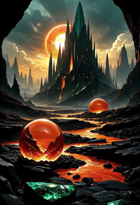 In the heart of a surreal landscape, a colossal eggshell, smooth and gray, stands cracked and broken. From its fractured shell spills a radiant cityscape, glowing with life. Modern skyscrapers rise, their windows twinkling like stars. Among them, a tall, dark tower with a sharp, pointed top pierces the sky.
Outside the eggshell, the sky churns with dark, ominous clouds, set ablaze by a fiery sunset. The sun, a brilliant orange orb, peeks through the cracks, casting a warm, golden light over the city and its surroundings.
Beyond the shell, the land is rugged and wild. Jagged, dark gray mountains loom, and a molten red river winds its way through the rocky terrain, glowing like liquid fire. The stark contrast between the cool, shadowy exterior and the warm, luminous interior creates a scene both futuristic and fantastical, blending elements of science fiction and surrealism.
ethereal fantasy concept art, magnificent, celestial, ethereal, epic, majestic, magical, fantasy art, cover art, dreamy otherworldly, mysterious, Digital painting, 
beautiful, painterly, textural, artistic, aesthetic, 
intricate details, highly detailed, ultra-detailed, absurdres, vivid, vibrant, volumetric lighting, 
aid291, midjourneyv6.1, 
Obsidian Jade, crystal, green gem stone