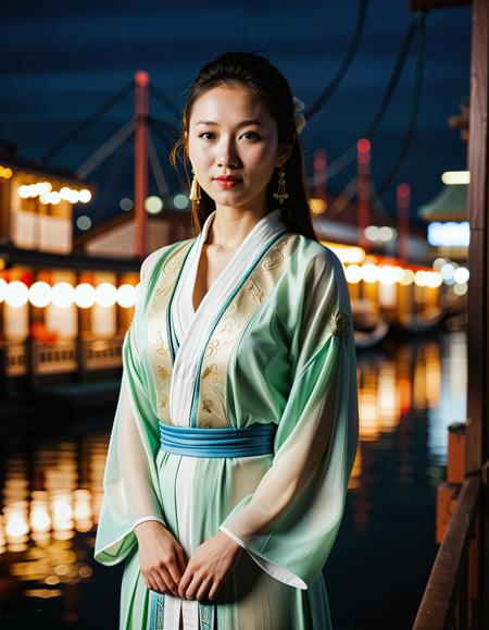RAW full body analogue photo of a beautiful 25 years old Asian woman, clear focus, high resolution image, <lora:Ai_Lotus:0.75>, Wearing traditional chinese clothes,low light, soft natural light, Rembrandt style light, Hasselblad DLSR camera, 200mm Zeiss lens, f/2.8 ,Sexy pose, erotic pose, exhibitionism, ,((Bustling port))