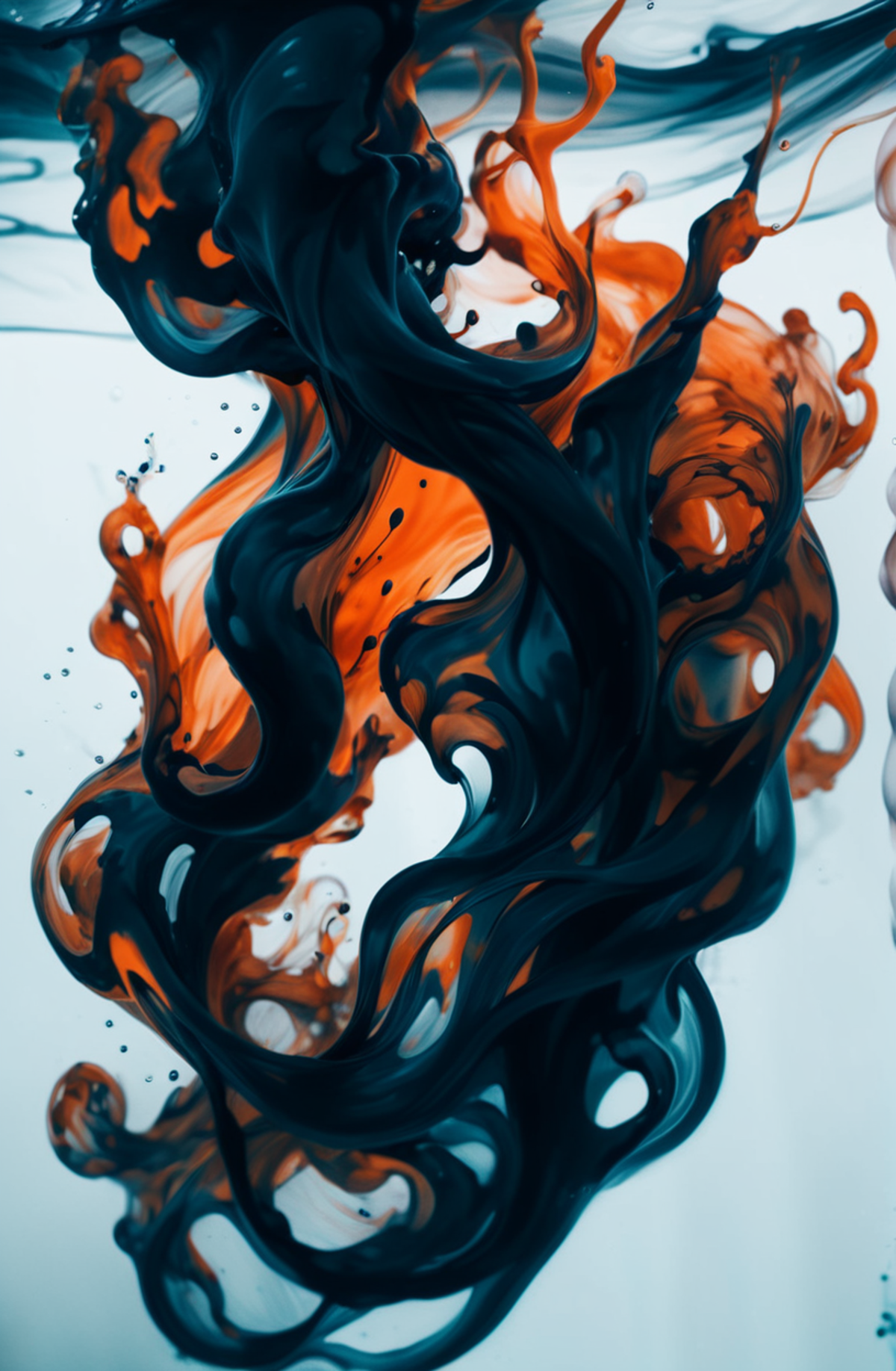 photograph, cinematic color grading, <lora:EnvyInkSwirlXL01:1>prisoner made of ultra dark orange swirling ink, underwater<...