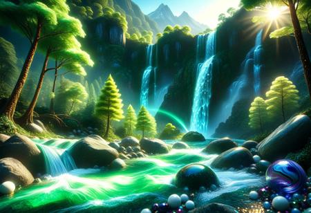 vibrant colors, shiny_skin, prefect lighting, detailed image, snoozing, masterpiece, best quality, highly detailed, ultra quality, 
hkmagic, sparkling glitter and crystals, glowing emerald light waves, in a fantasy art style, 
trees made of marbles, 
forest, rocks, waterfall, mountain, river, day, sunlight,