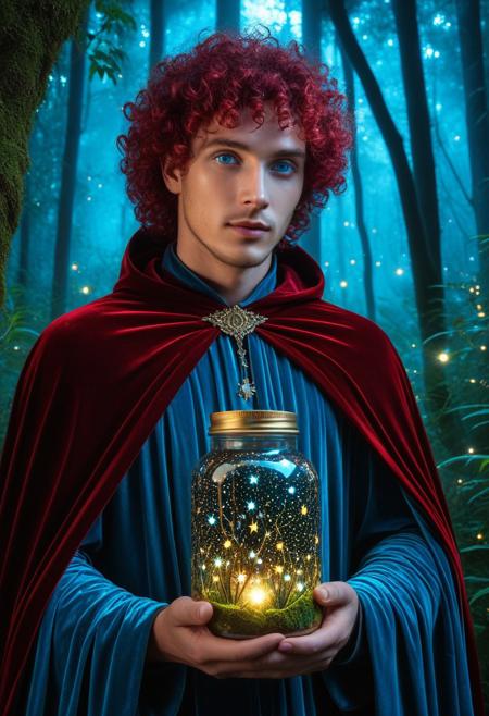 (Masterpiece, Best Quality, Ultra-Detailed: 1.3), RAW photo, 8K UHD,
1 adult male, mystical heterochromia (gold/azure), undulating crimson curls, ethereal and luminescent skin, petite figure, velvet cape with constellation motifs,
[Enchanted forest, bioluminescent plants], [Fireflies captured in a glass jar],
mystical atmosphere, volumetric rays, intricate details