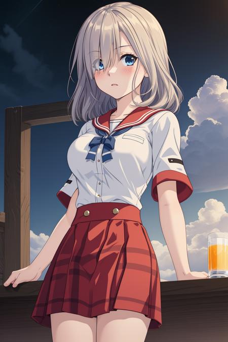 masterpiece,bast quality,official art,8K wallpaper,game cg,isuzurensch \(magiarecord\),red skirt,blue eyes,white shirt,large breasts,hair over one eye,blush,heavy breathing,expressionless,1girl,solo,dark sky,blue moon,cloud,blue lycoris radiata,<lora:ringsch2:1:1,0.1,0.1,0.1,0.1,0,0,0,0.7,0.9,0.9,0,0,0,0,0,0>