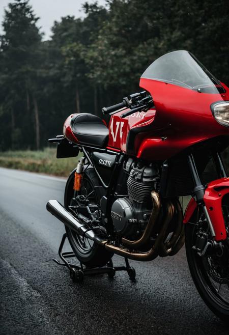 The scene captured by the Sony A7IV with a 20mm G Master lens set at a wide aperture of F1.5 unfolds with haunting beauty, enveloped in a moody and melancholic atmosphere Honda Cafe racing a red black bike on the road.