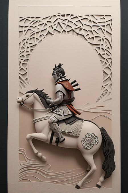 A beautiful and artistic paper cutout composition depicting a samurai warrior on a horse in an elegant, handcrafted style. The compositions are intricately cut from high-quality textured paper, with soft shadows cast onto the background, adding depth and dimension. Surrounding the samurai warrior are delicate paper cutout bonsai, and swirling decorative elements, creating a sense of traditional japanese art and craftsmanship. The lighting is soft and warm, enhancing the texture of the paper and giving the scene a handmade aesthetic. The background is a pale rising sun in a softly blurred gradient to keep the focus on the intricate details of the paper art.
