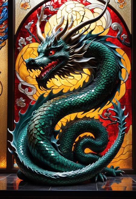 detailed background, masterpiece, best quality, high quality, ultra detailed, highly detailed, high detail, artistic lighting, depth of field, perfect soft lighting, best shadows, perfect reflections, volumetric, detailed image, high resolution, sharp definition, a majestic traditional japanses dragon, dragon scale made of coralbugXL, majestic serpentine dragon with antler-like horns, flowing mane, long body coiling through the air, golden highlights, atmospheric composition, traditional Japanese art style, highly detailed, translucent glass body, intricate swirls of color, elegant lighting, studio background, realistic reflections, art style, stained glass , Stained Glass Portrait, broken up into mosaic of glass, Digital stained glass style.