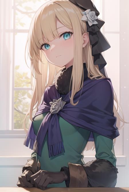 fgoreines, <lora:reines-lora-nochekaiser:1>,
reines, blonde hair, (green eyes:1.5), long hair, bangs, blunt bangs, (small breast:1.2),
BREAK beret, black headwear, black ribbon, blue dress, brown gloves, dress, flower, fur collar, fur trim, fur-trimmed sleeves, gloves, hair flower, hair ornament, hair ribbon, hat, long sleeves, ribbon, rose, tilted headwear, white flower, white rose,
BREAK looking at viewer,
BREAK indoors,
BREAK <lyco:GoodHands-beta2:1>, (masterpiece:1.2), best quality, high resolution, unity 8k wallpaper, (illustration:0.8), (beautiful detailed eyes:1.6), extremely detailed face, perfect lighting, extremely detailed CG, (perfect hands, perfect anatomy),