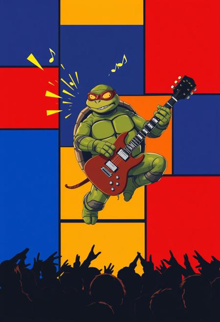 A turtle jumps in mid-air, caught in an explosive power chord against a hyper-stylized backdrop of intersecting color fields—hard-edged rectangles of red, cobalt, and mustard form an abstract wall behind the stage. The turtle's expression is fierce, eyes hidden behind glowing visors, teeth clenched as music notes blast from the guitar like comic sound effects. Its shell gleams like a polished amp, textured with panel-like divisions and subtle color gradients. The crowd is only implied by jagged silhouettes and rhythmic color contrast. The composition is electric, balancing detailed character dynamism with minimalist modern art geometry, like a concert taking place in a gallery of structured chaos.