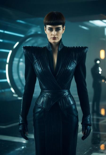 headshot of (sean young as rachael from blade runner) as one confident fierce imperious executive boss, age-30, bumper bangs, in an intimidating rubber avant-garde fantasy art deco business suit, ribbed shoulder pads, futuristic fashion, weird fashion, cyberpunk fashion, thierry mugler fall 1979, gareth pugh fall 2018, big long ribbed sleeves, wide high collar, deep plunging neckline, standing stiff in a blade runner style futuristic lobby, staring at viewer, alone
(8k resolution, bokeh, flash photography, sharp focus, tilt-shift lens, wide angle shot:0.9)