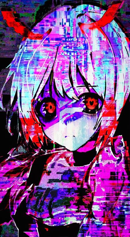 <lora:nfxlyria:1> nfxlyria, anime, glitch, glitchcore woman white hair red eyes