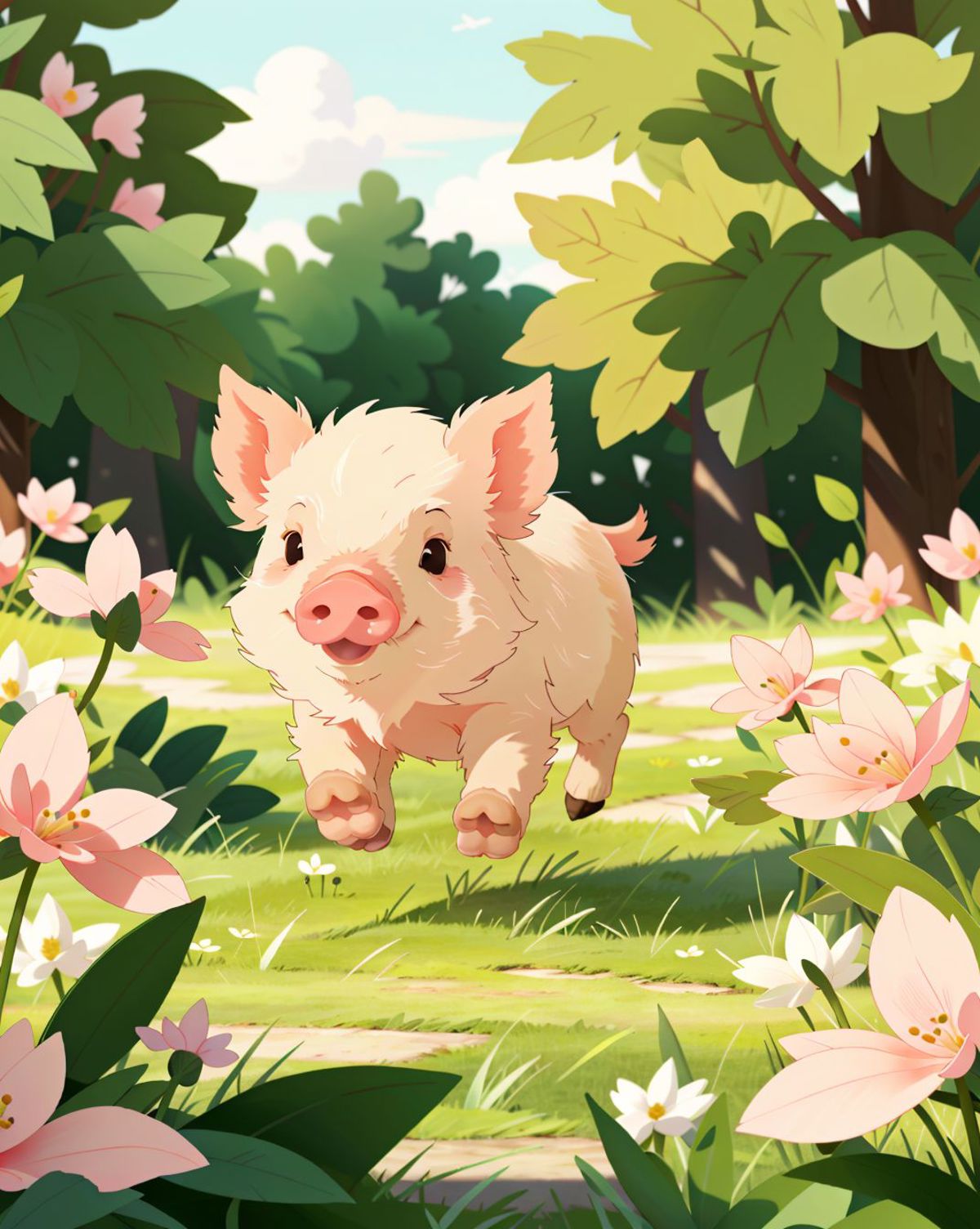 Cartoon Pig Running Through Flower-Filled Field