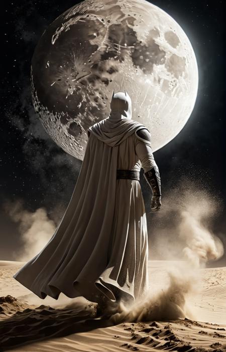 shot from behind,The Moon Knight dissolving into swirling sand,moon in the sky,volumetric dust,cinematic lighting