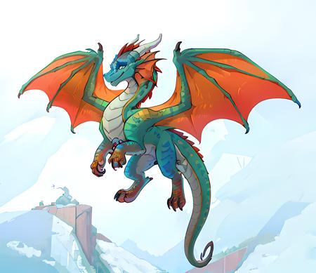 (Dragon Glory:1), smiling, (flying:1), (white background:1.4), (cute), adorable, green body, orange paws, orange wings, rainbow dragon, dragon, four legs, green eyes