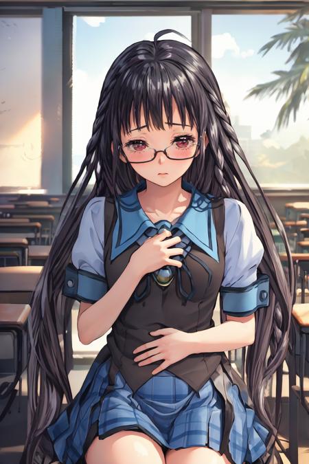 masterpiece, best quality, 1girl, (solo:1.5), sitting, (close-up:1.5), (classroom:1.5),<lora:Sakajo_Hikaru_v2-000190:0.9>, glasses, black hair, school uniform, serafuku, plaid skirt, twin braids, red eyes, blue sailor collar, white lace panties, green brooch, (thicc thighs:1.2), (black vest:1.2) (very long hair, straight hair:1.5), (pov:1.4), embarrassed, (shy, insecure:1.5), (hands to chest:1.5),