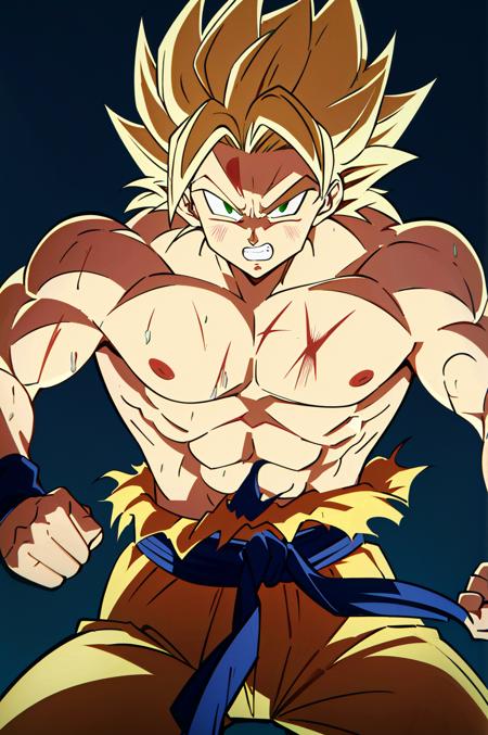 koe no katachi, son goku, 1boy, angry, battle damage, blonde hair, blue sash, clenched teeth, furious, green eyes, male focus, muscular, muscular male, pectorals, sash, solo, spiked hair, super saiyan, super saiyan 1, teeth, topless male, torn clothes, wristband, ((masterpiece)) <lora:son_goku_offset:1> <lora:koe_no_katachi_offset:1>