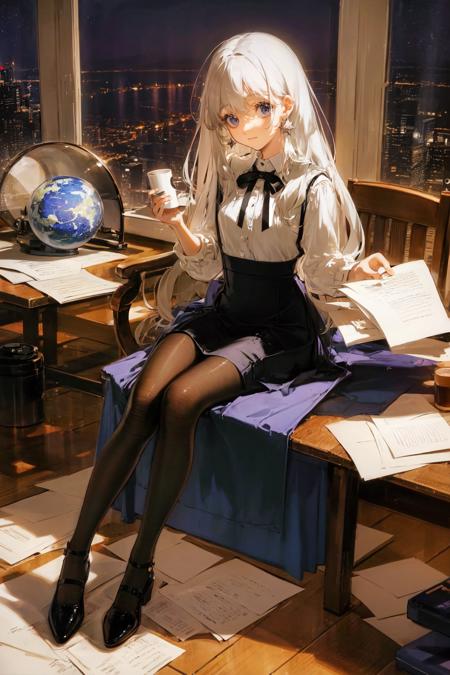 masterpiece, best quality, extremely detailed, detailed background, detailed face, telescope, 1girl, sitting, long hair, book, skirt, star (sky), white hair, pantyhose, chair, black skirt, globe, sky, window, starry sky, purple eyes, white shirt, shirt, indoors, looking at another, blue eyes, open book, bangs, shoes, flower, night, holding, cup, table, high-waist skirt, night sky, paper, black footwear, closed mouth, galaxy, starry sky,