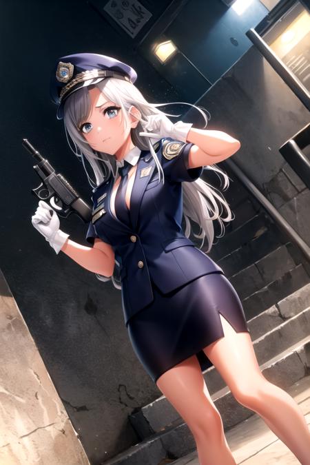 <lora:IbukiNiijima-04:0.9>,  ibukid4, looking at viewer, skirt, shirt, gloves, hat, holding, cleavage, closed mouth, weapon, short sleeves, outdoors, necktie, sky, shiny, white gloves, miniskirt, black footwear, holding weapon, uniform, high heels, shiny hair, blue skirt, gun, dutch angle, thigh strap, night, floating hair, swept bangs, blue jacket, building, holding gun, black necktie, side slit, handgun, blue headwear, pencil skirt, stairs, police, police uniform, policewoman, police hat