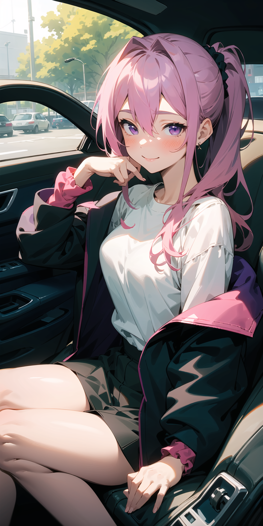 (masterpiece, best quality),1girl sitting in a car ,1girl, jewelry, smile, looking at viewer, car interior, solo,pink hair...
