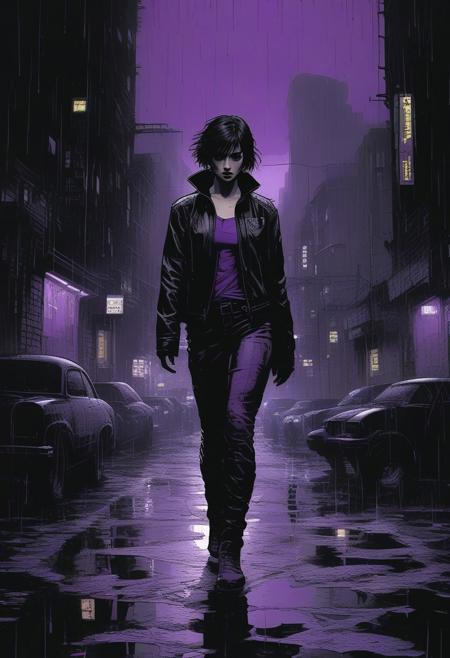 Illustration, black and white, purple color accents, style of  Frank Miller, full body, young woman, standing in the rain, short dark hair, leather jacket, dark dystopian cyberpunk city street
