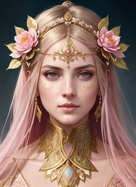 (symmetry:1.1) (portrait of floral:1.05) a woman as a beautiful goddess, (assassins creed style:0.8), pink and gold and opal color scheme, beautiful intricate filegrid facepaint, intricate, elegant, highly detailed, digital painting, artstation, concept art, smooth, sharp focus, illustration, art by greg rutkowski and alphonse mucha, 8k