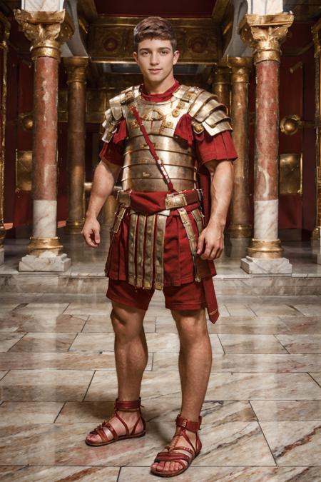 fantrome, portico of a Roman temple, marble floor, SebastianKross is wearing loriseg armor, (red tunic), (red shirt), (sandals), slight smile, masterpiece, (((full body portrait))), (full body), wide angle, highly detailed, sharp focus, high skin detail, ,(high face detail),   <lora:loriseg:0.7>  <lora:fantrome_v3:0.60>  <lora:SebastianKross:0.65>