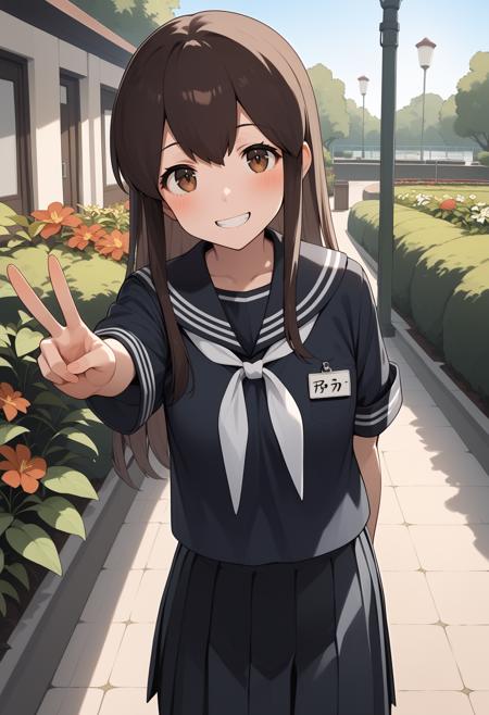 aaakagi, long hair, brown hair, brown eyes, japanese clothes, muneate, tasuki, hakama skirt, red hakama, white thighhighs aaakagi, long hair, brown hair, brown eyes, black serafuku, black sailor collar, white neckerchief, black shirt, name tag, short sleeves, pleated skirt, black skirt