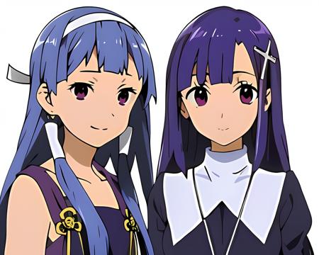 masterpiece, best quality,2girls, standing side by side, upper body, face focus, detailed face and eyes, simple background ADDCOMM
<lora:nagi_kannagi-v24:0.7>, nagi \(kannagi\), sleeveless clothes, smile ADDCOL
<lora:zange_kannagi-v4:0.7>, zange \(kannagi\), purple hair, cross hair ornament, zange clothes, black dress, cross_necklace, long sleeves, smile,