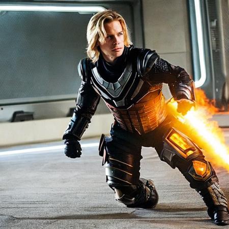 A photo of 24 year old Erik Von Detten with (blonde hair) as a royal space warrior wearing ((carbon fiber space armor)) with intricate engravings and (glowing lights embedded in armor), (Style-TronLegacy-8v-A:.8), (medium wide shot), in a fighting pose, imperious expression, golden eyes, atmospheric lighting, flames in background, aslanscifi_v1