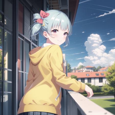 (masterpiece, best quality), 1girl, solo, hyodo shizuku, school_uniform, hood, yellow_jacket, <lora:szk-000008:0.75>, from_behind, smile, blush, school, yard, sky, day, cloud