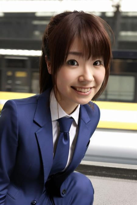 sfw, masterpiece, best quality, ultra high res, ultra detail, realistic, photorealistic, ultra realistic, professional lighting, depth of field, looking at viewer, hikari, 1girl, solo, dynamic pose, dynamic angle, extreme detailed face, perfect face, smile:0.3, small breasts, skinny body, wearing business suit, outdoor, waiting for train