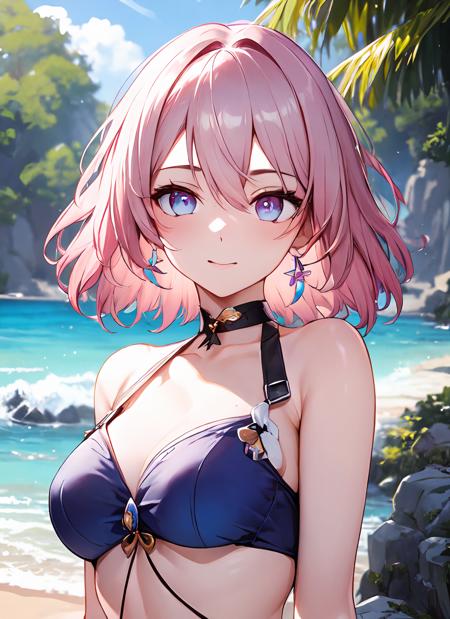 ph_Mar, Marhd, Mards, 1girl, solo, jewelry,  blue eyes, pink eyes,  hair between eyes, short hair, purple eyes, multicolored eyes,  bikini, ocean, bay, trees, <lora:Mar-t1-000003:0.7>, (masterpiece:1.6, best quality),  (finely detailed beautiful eyes: 1.2), ultra-detailed, illustration,beautiful detailed eyes, upper body,