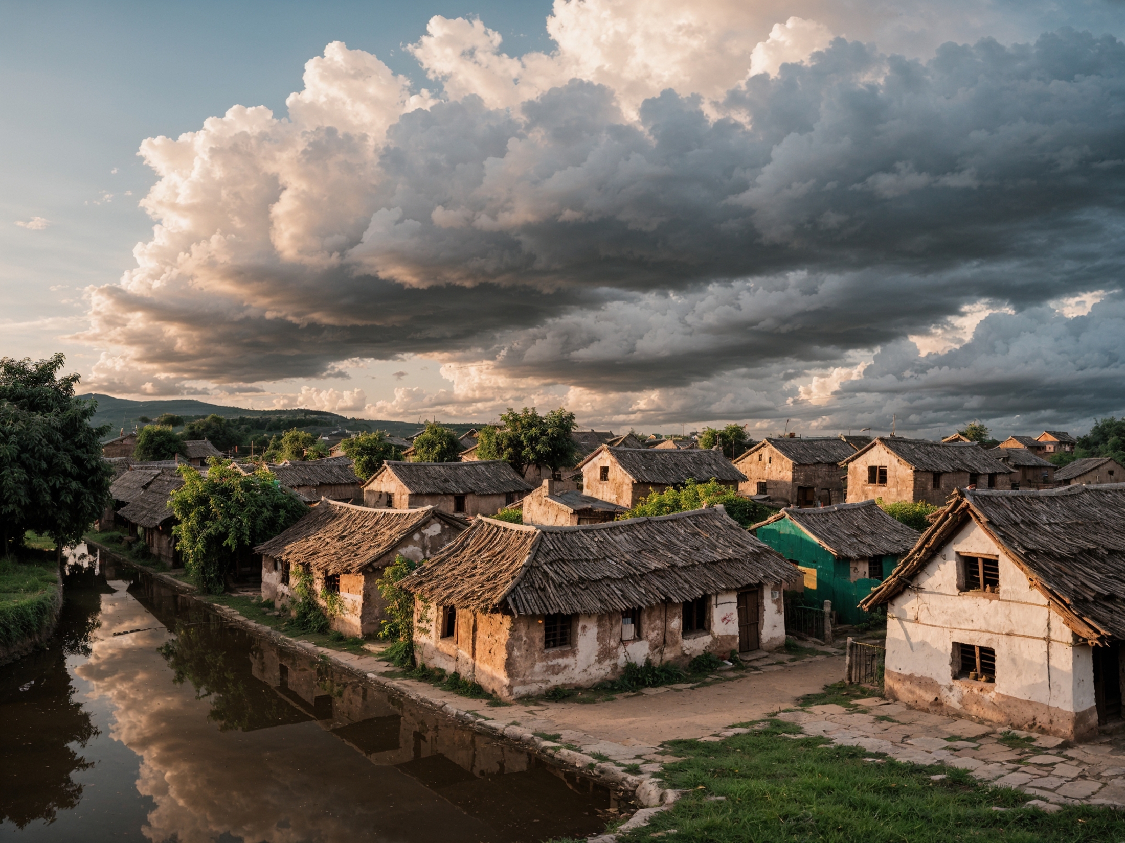 A village with houses and a river, under a cloudy sky.