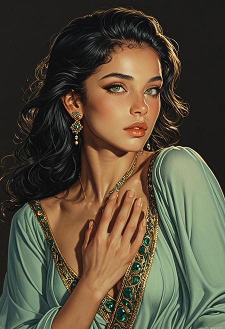 DRAWING of a realistic woman, portrait, Zephyra is an enchanting vision, her beauty a perfect blend of Middle Eastern exoticism. Olive skin, dusted with a golden glow, frames striking features: high cheekbones, a regal nose, and full, sensuous lips. Her dark hair, adorned with a few subtle streaks of auburn, falls in soft waves down her back, accentuating her fair complexion. Her eyes, a mesmerizing emerald green, sparkle with intelligence and mystery.
Her figure is a masterpiece of feminine curves, with a narrow waist, pert breasts, and a plush, rounded derrière. Delicate jewelry adorns her hands and throat, hinting at the rich cultural heritage that courses through her veins. Her style is understated elegance, often opting for form-fitting abayas or flowing kaftans that accentuate her shape without revealing too much. The conservative attire only serves to fuel the imagination, as one can't help but wonder what secrets lie beneath the fabric.
Despite the modesty of her outfits, Zephyra's presence exudes a quiet sensuality, her confidence and poise radiating an unmistakable allure. She carries herself with a graceful, fluid ease, as if every movement is choreographed to showcase her beauty. Her beauty is a captivating facade, but it's the fire in her eyes and the depth of her character that truly sets her apart. Creative angle, (masterpiece), [ArsMJStyle, Colored pencil hyperdetailed realism]