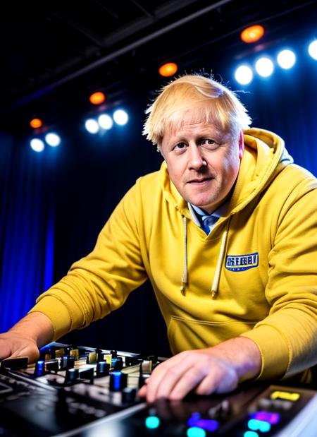 (masterpiece, best quality, awards winner) close up portrait Boris Johnson wearing (yellow-blue hoodie) playing on the dj panel, dj panel,   1man, professional photography, high resolution, 8k, detailed photo, hyperealistic, ultrasharp, studio light, soft shasows,  <lora:boris:0.95>