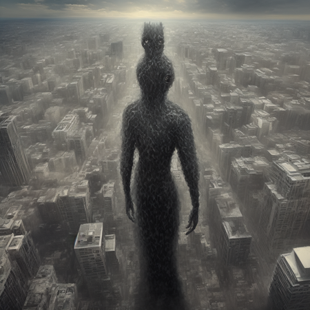 photo, a strange looking creature standing in the middle of a city (megademons style:1) <lora:djzMegaDemonsV21:1>