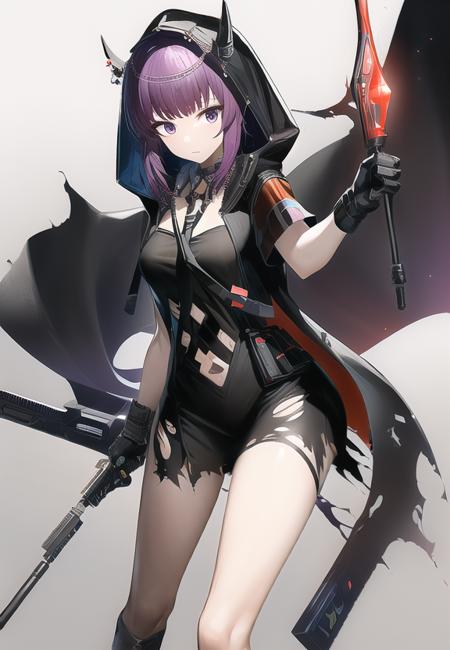 lava_the_purgatory_(arknights) solo, 1girl, short_hair, long_hair, dreadlocks, skirt, dress, jewelry, short_sleeves, purple_eyes, jacket, boots, necktie, weapon, purple_hair, black_footwear, gloves, black_dress, black_jacket, hood, miniskirt, holding_weapon, black_necktie, black_gloves, necklace, fingerless_gloves, knife, bare_legs, torn_clothes, hooded_jacket, mask, staff, short_dress, holding_knife, horns, 